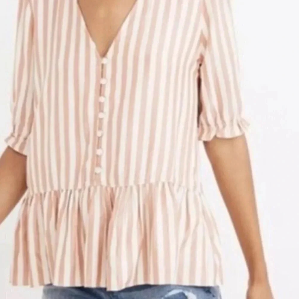 Madewell Womens V-Neck Peplum Popover Top Size XS Pink/Peach & White Stripe